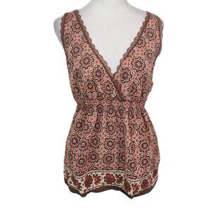 Etam Brown and Red Boho Top Size Large Brown and Red Floral Sleeveless Blouse